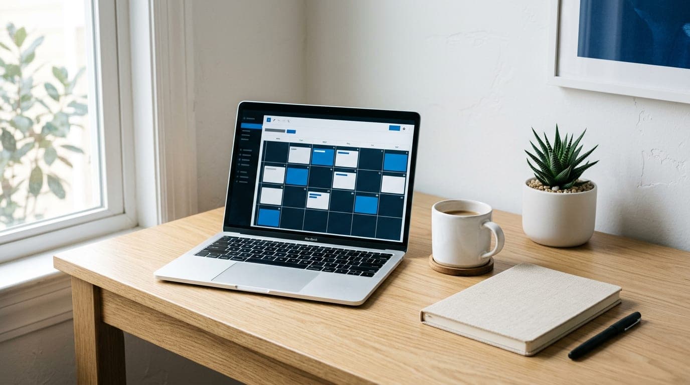 Laptop on a wooden desk showing a weekly content calendar, next to a coffee mug and a notebook