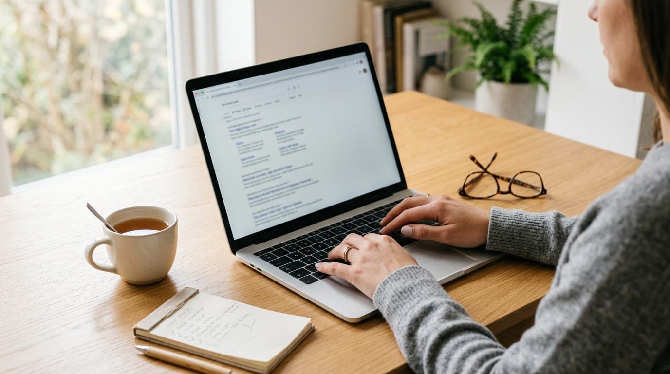 Person typing on a laptop showing search results, with a cup of tea and a handwritten checklist