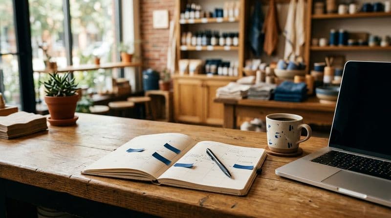 Open planner with blue sticky tabs on a shop counter, next to a laptop and a cup of coffee